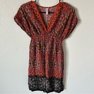 Xhilaration Boho, Festival, Summer, Orange and Black Floral Print Midi Dress